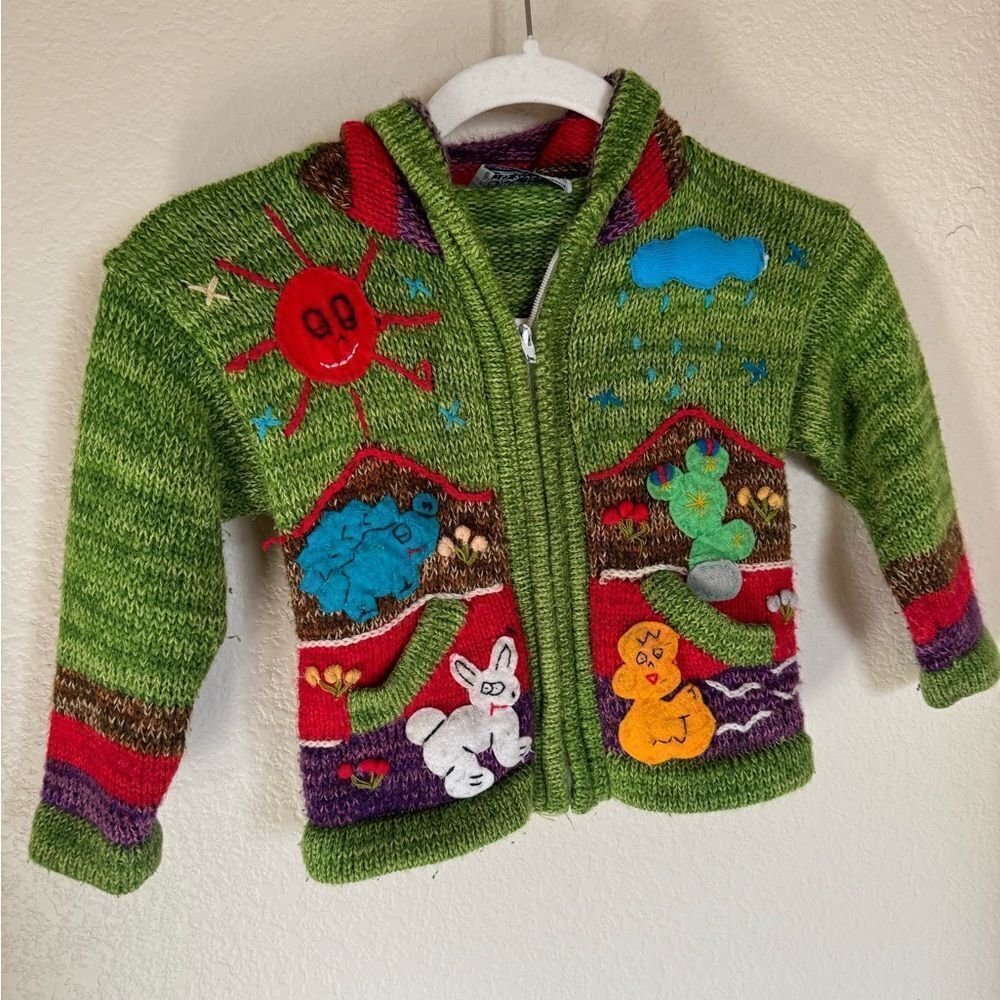 Vtg Mexicali Embroidered Hand Knit Graphic Zip Up Hoodie Sweater Sz 3 Toddler